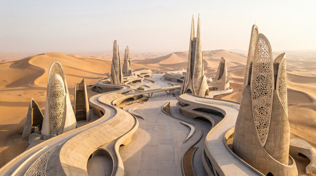 Futuristic desert city with carved sandstone towers and winding elevated walkways among golden dunes