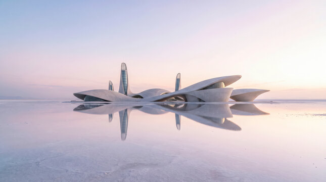 Futuristic white sculptural pavilion on a mirror like salt flat at pastel sunrise, calm reflection