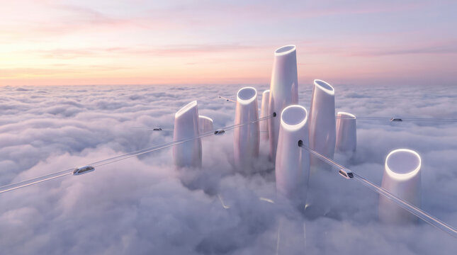 Futuristic white cylindrical towers above sea of clouds linked by glass tube trains at pink sunrise