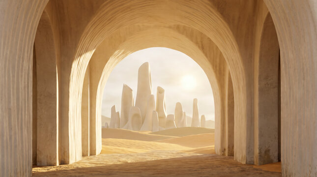 Arched sand coloured tunnel framing distant futuristic white spires among golden desert dunes