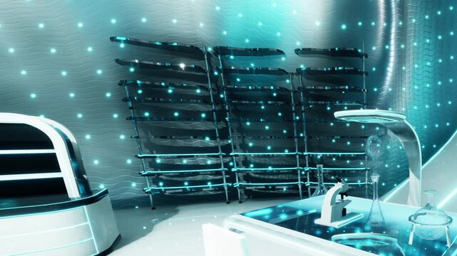 A sleek laboratory features illuminated panels and modern equipment for experiments. Glass beakers and a microscope sit on a shining table. The atmosphere is vibrant, suggesting innovation.