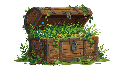 Overgrown Treasure Chest Filled with Greenery and Gold Coins © hiux