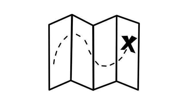 Continuous line drawing animation of a folded map with dashed route and X mark, representing a business roadmap and goal discovery