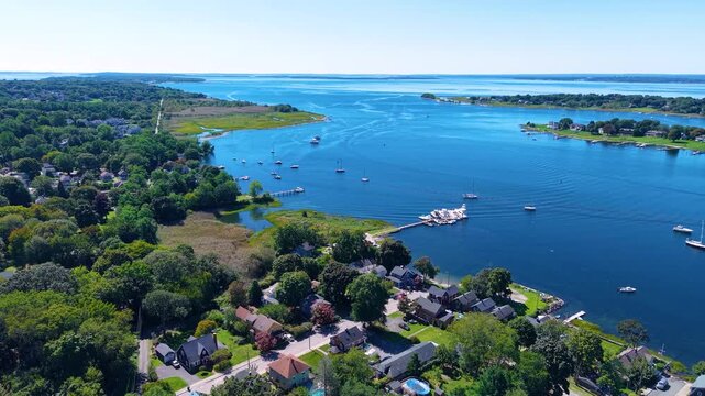 Barrington River aerial view with Warren yacht club and Barrington Yacht Club, town of Barrington on the left, and Warren on the right, Rhode Island RI, USA. 