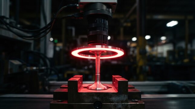 Telecentric machine vision lens with red LED ring light inspecting machined aluminum engine valves on automated assembly line.