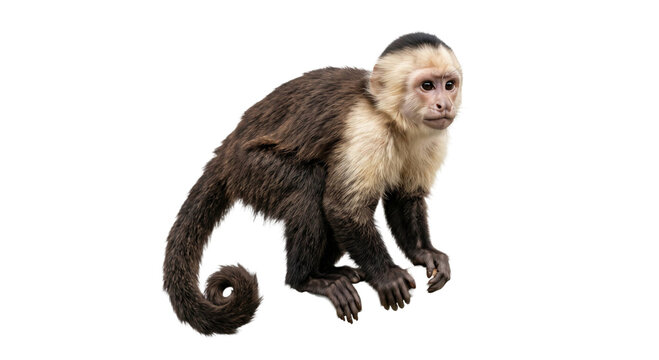 White-faced capuchin monkey crouching with curled tail isolated against a black background