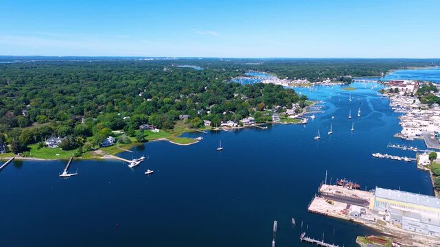 Barrington River aerial view with Warren yacht club and Barrington Yacht Club, town of Barrington on the left, and Warren on the right, Rhode Island RI, USA. 