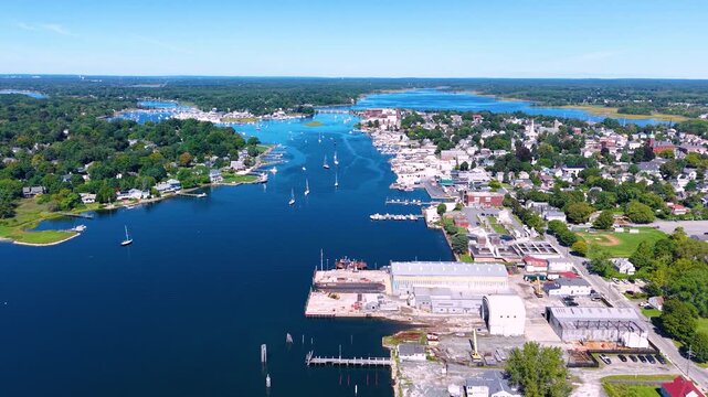 Barrington River aerial view with Warren yacht club and Barrington Yacht Club, town of Barrington on the left, and Warren on the right, Rhode Island RI, USA. 