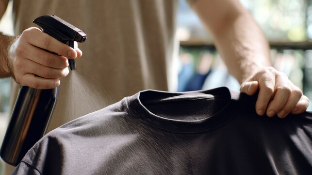 Medium shot of individual pretreating a stubborn stain with spray and brush on a casual garment.