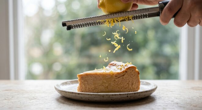 Close up of a person's hands grating fresh yellow lemon zest over a slice of delicious homemade cheesecake with honey glaze on a ceramic plate in a bright kitchen with natural window light