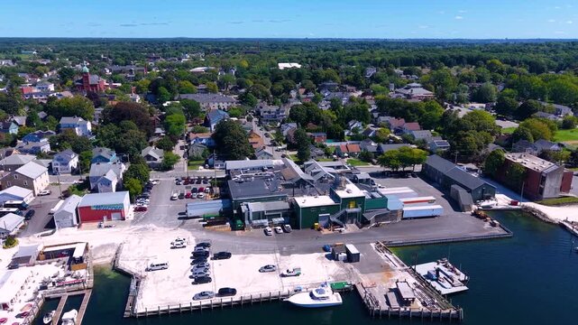 Barrington River aerial view with Warren yacht club and Barrington Yacht Club, town of Barrington on the left, and Warren on the right, Rhode Island RI, USA. 