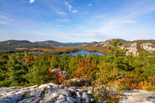 Breathtaking autumn vista over Killarney Lake and La Cloche Mountains in Ontario.