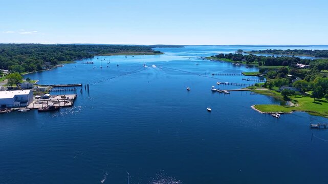 Barrington River aerial view at its mouth, where the river meets to Narragansett Bay, town of Warren on the left and Barrington on the right, Rhode Island RI, USA. 