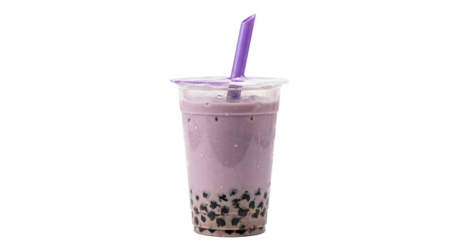 Lavender milk tea with tapioca pearls in a clear takeaway cup and purple straw on black