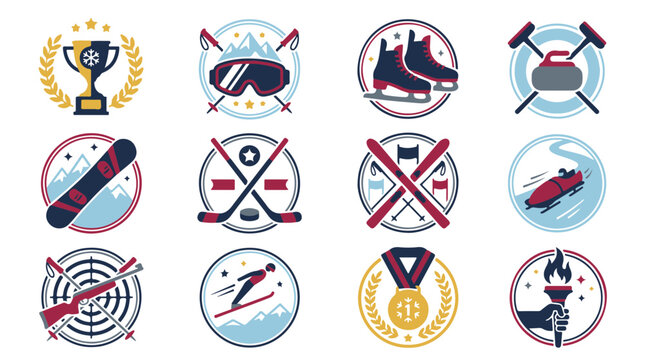 Winter Sports Icons Collection Trophy Goggles Skates Curling Snowboard Hockey Skis Bobsled Rifle Skier Medal Torch