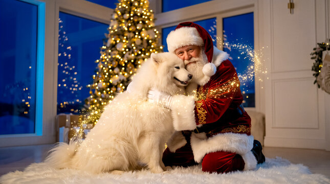 Santa Claus hugging a fluffy white Samoyed dog in front of a decorated Christmas tree, sparkling magic effects, cozy festive atmosphere. Holiday, winter celebration, seasonal greeting.