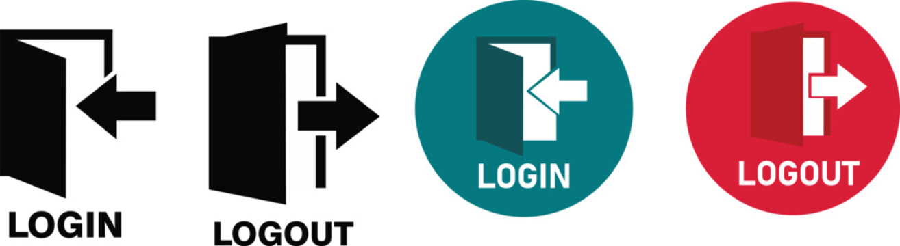Login and logout icon set with open door and directional arrows for user access and app interface design vector illustration