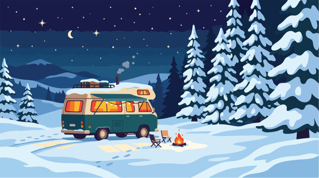 Campervan parked in snowy winter forest landscape under starry night sky vector illustration graphic