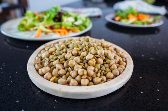 Healthy vegetarian salad ingredients with chickpeas and lentils