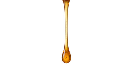 Plakat Golden honey stretches into a glossy hanging drop against a stark black background in close-up