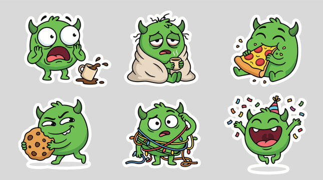 Cute green monster stickers collection featuring funny cartoon characters with different emotions and expressions
