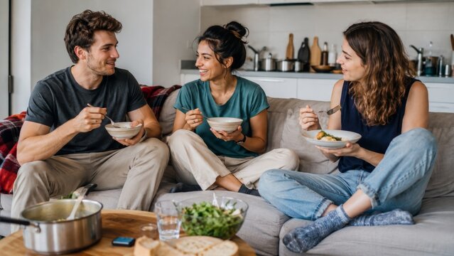Three roommates eating homemade dinner together on the sofa