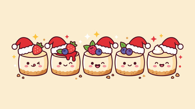 Cute kawaii cheesecake vector illustration wearing Christmas santa hats with berries and sweet toppings