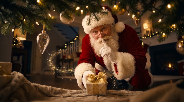 Santa Claus making a shushing gesture while holding a wrapped gift under a decorated Christmas tree, magical sparkles in air. Holiday celebration, seasonal marketing, winter festivities.