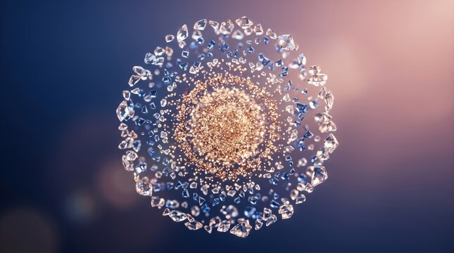 Suspended particle burst on a seamless gradient, fragments arranged in a precise circular expansion