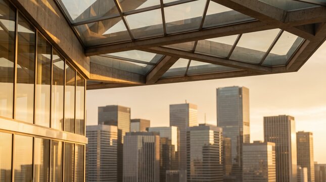 Sunlit rooftop terrace with glass skylight structure framing golden financial district skyline