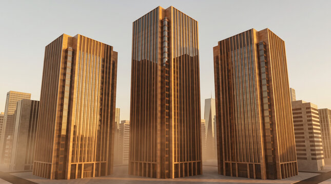 Monumental bronze toned office towers standing in hazy light as symbol of corporate power