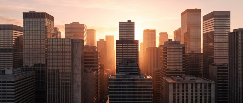 Backlit skyscrapers forming urban canyon as sun sets behind corporate towers in silhouette