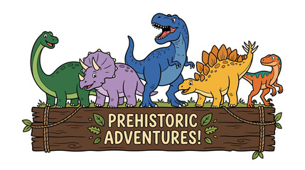 Cute Cartoon Dinosaurs on Wooden Sign © Roij