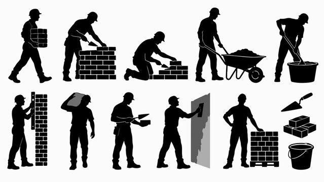 Collezione di silhouette di muratori con mattoni e attrezzi da cantiere. Generative AI 