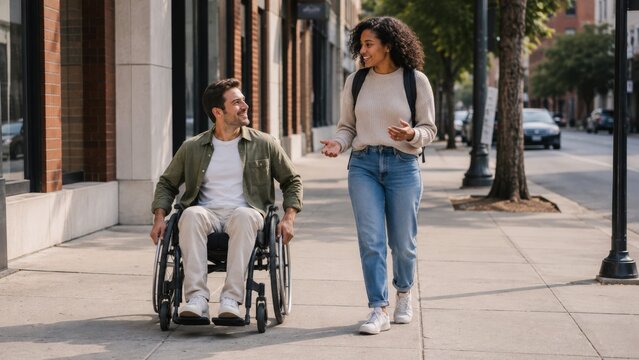 Friend walking beside a wheelchair user on city sidewalk