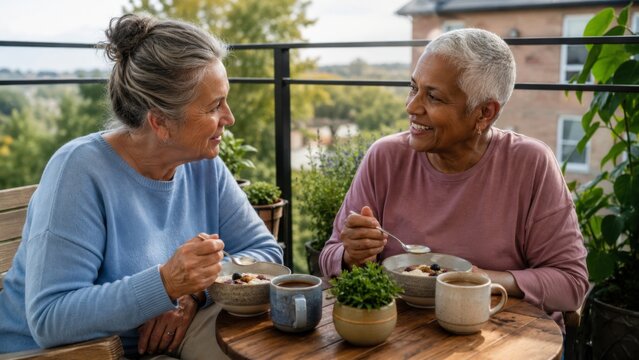 Older friends sharing porridge on a morning balcony