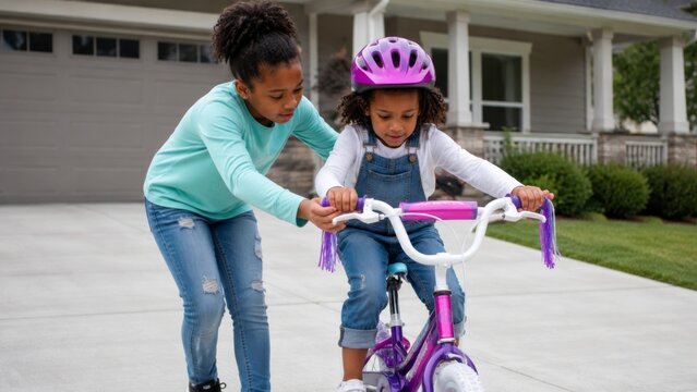 Older sibling helping a younger child ride in the driveway