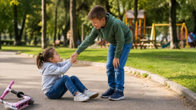 Child helping a younger child stand after a fall
