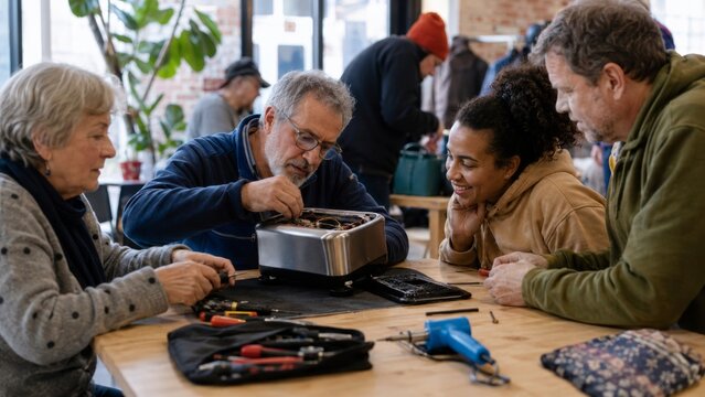 Neighbors repairing a toaster together at a community table