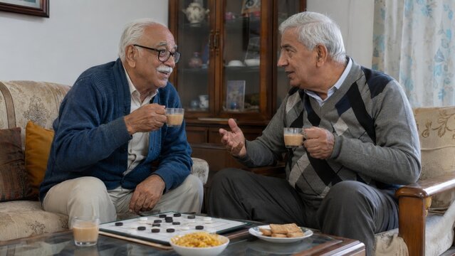 Two older men sharing tea and a board game at home