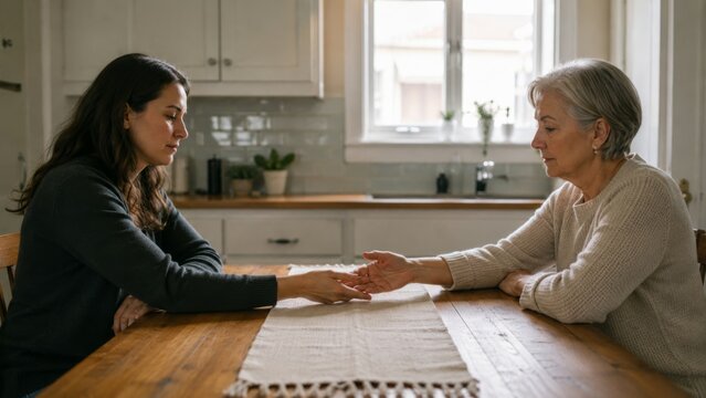 Adult child and parent reaching toward each other at the kitchen table