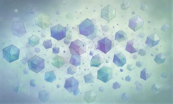 Floating geometric shapes connect via delicate lines, creating a soft, abstract network.