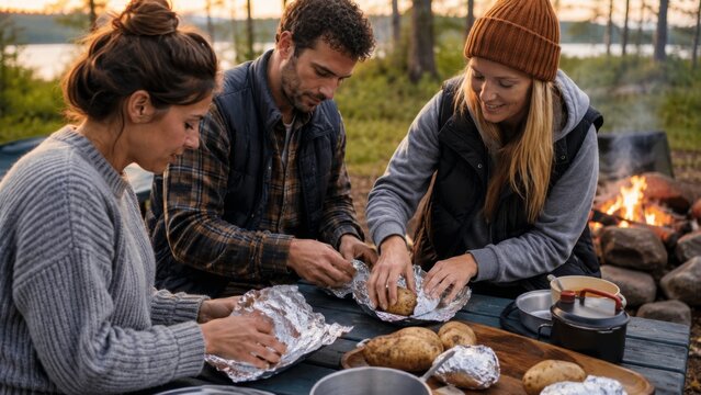 Friends wrapping potatoes for a warm campfire dinner
