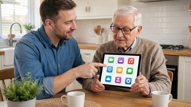 Adult child helping elderly parent use tablet at kitchen table