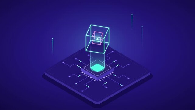 Isometric blockchain network interface with glowing digital cube, secure data blocks, decentralized ledger connections, fintech technology concept illustration