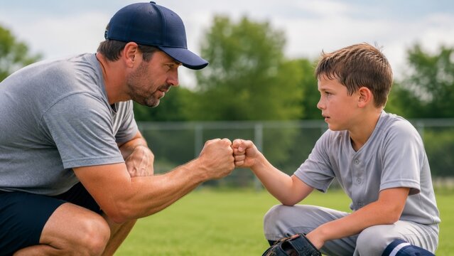 Coach and child sharing quiet fist bump