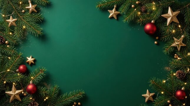 Festive christmas border with ornaments and evergreen branches on a dark green background
