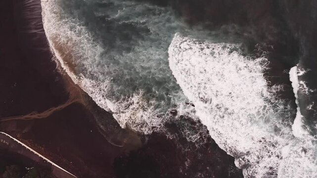 Drone shot, from above, surf at the beach of Praia dos Mosteiros, Mosteiros, Sao Miguel Island, Azores, Atlantic Ocean, Portugal
