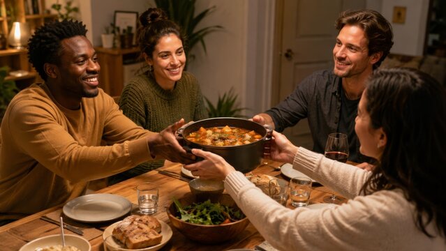 Friends sharing homemade stew at a small dinner table