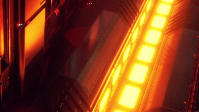 An intense scene unfolds as bright orange and yellow light illuminates a sleek metallic surface. The atmosphere buzzes with energy, immersing the viewer in a futuristic industrial space.